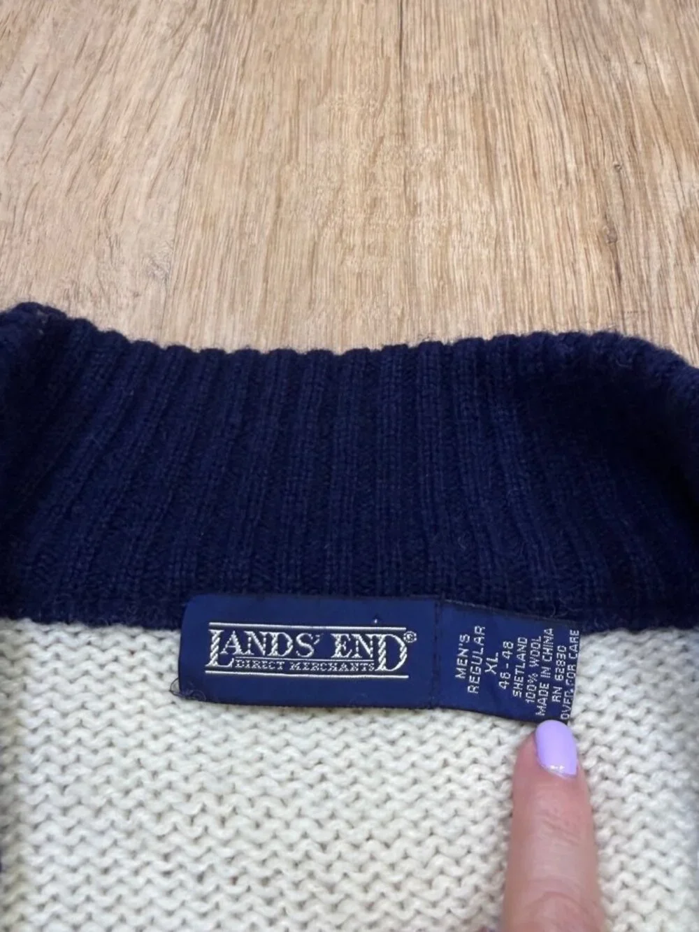 Vintage 90s Lands’ End Mens Wool Full Zip Sweater XL Nordic Bear Trees Navy Ivor